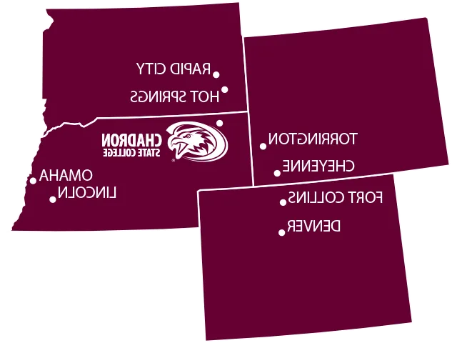 Nebraska, South Dakota, 怀俄明, 和 Colorado state outlines with Chadron marked